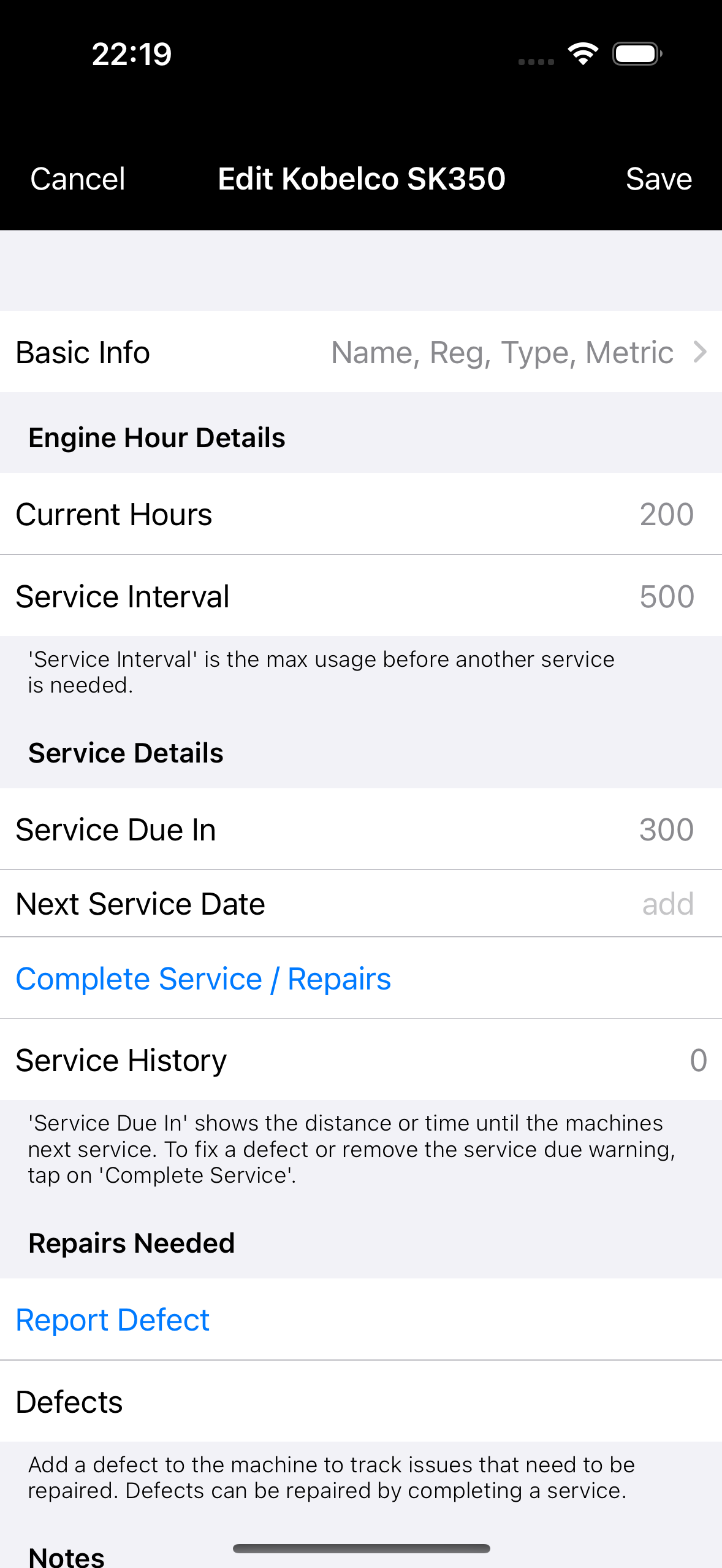 Machine detail screen showing engine hours and service interval